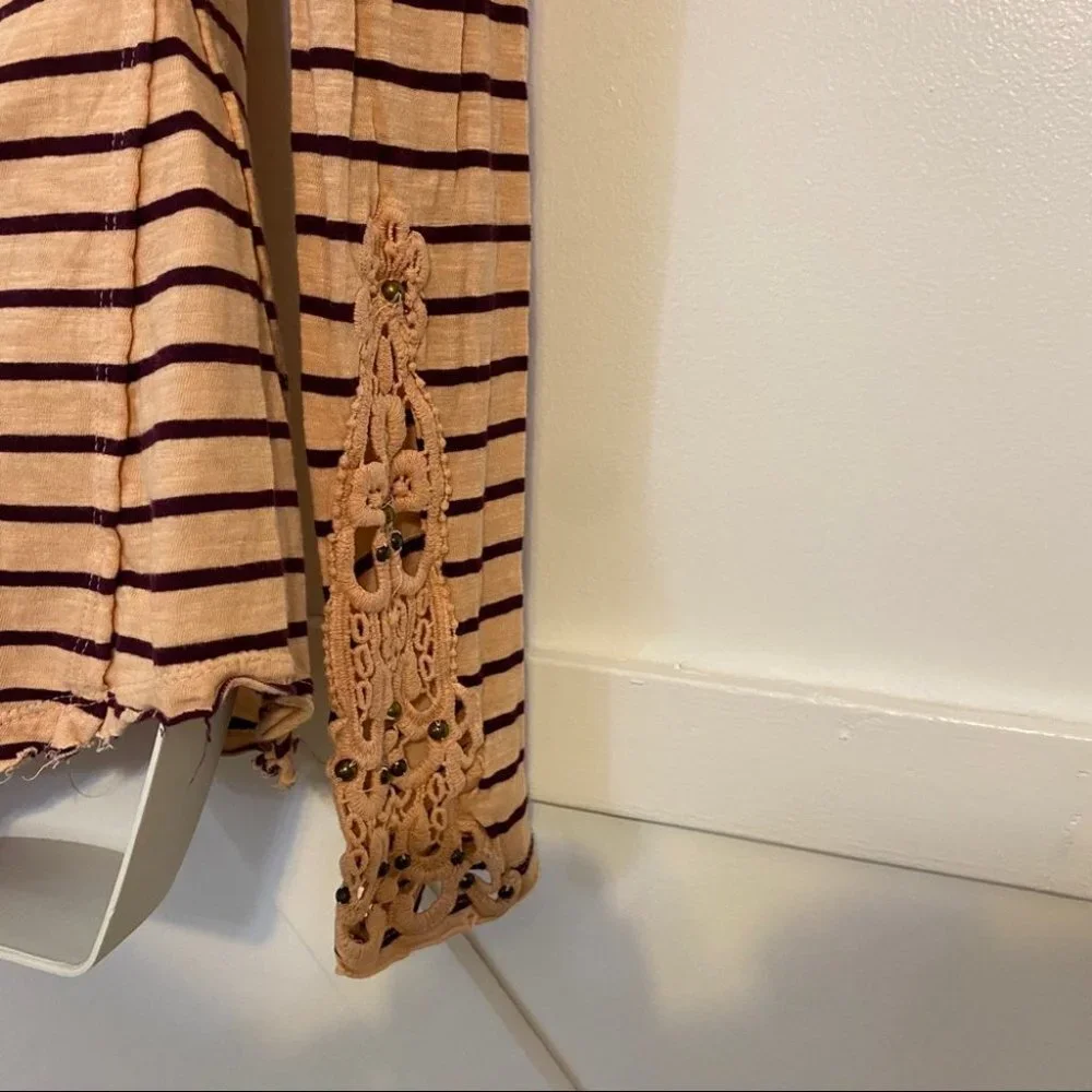 Free People Striped Embroidered Tee Pink Sz M